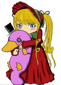 Rating: Safe Score: 0 Tags: 1girl blonde_hair blue_eyes blush bonnet dress image long_hair long_sleeves red_dress shinku simple_background solo stuffed_animal twintails User: admin