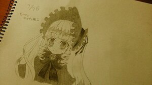 Rating: Safe Score: 0 Tags: 1girl blush closed_mouth dress eyebrows_visible_through_hair image long_hair looking_at_viewer monochrome shinku smile solo traditional_media twintails very_long_hair User: admin