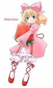 Rating: Safe Score: 0 Tags: 1girl :d blonde_hair bloomers blush bow dress drill_hair food frills fruit full_body german_text green_eyes hair_bow hina_ichigo hinaichigo holding holding_food holding_fruit image long_sleeves looking_at_viewer mizumoto_tadashi object_namesake open_mouth oversized_food oversized_object pantyhose pink_bow pink_dress puffy_sleeves ribbon rozen_maiden simple_background smile solo strawberry twin_drills underwear white_background User: admin
