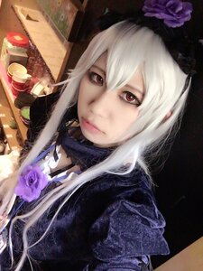 Rating: Safe Score: 0 Tags: 1girl closed_mouth flower lips long_hair looking_at_viewer photo purple_flower purple_rose red_eyes rose solo suigintou white_hair User: admin