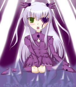 Rating: Safe Score: 0 Tags: 1girl barasuishou blush boots dress full_body green_eyes image kneehighs long_hair long_sleeves looking_at_viewer open_mouth silver_hair sitting solo very_long_hair User: admin