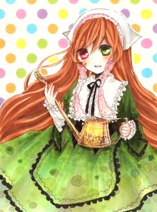 Rating: Safe Score: 0 Tags: 1girl dress frills green_dress green_eyes halftone halftone_background heterochromia holding image lolita_fashion long_hair long_sleeves looking_at_viewer polka_dot polka_dot_background polka_dot_dress red_eyes solo suiseiseki unmoving_pattern very_long_hair watering_can User: admin