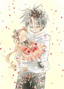 Rating: Safe Score: 0 Tags: 1boy 1girl blonde_hair bouquet carrying closed_eyes dress flower glasses gloves image long_hair petals princess_carry red_flower red_rose rose shinku smile solo wedding_dress User: admin