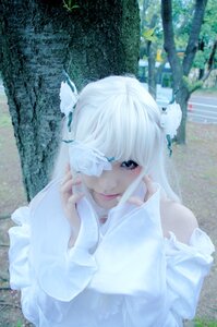 Rating: Safe Score: 0 Tags: 1girl 3d bangs bare_shoulders blue_eyes closed_mouth day dress flower kirakishou lips long_hair long_sleeves looking_at_viewer one_eye_covered outdoors photo solo upper_body white_hair User: admin