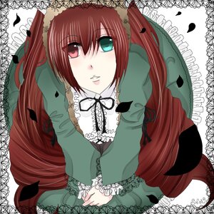 Rating: Safe Score: 0 Tags: 1girl dress frills green_dress heterochromia image lace lolita_fashion long_hair long_sleeves looking_at_viewer petals red_eyes solo suiseiseki twintails very_long_hair User: admin