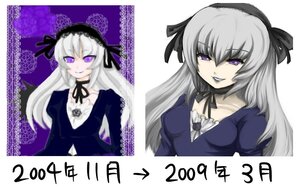 Rating: Safe Score: 0 Tags: 1girl black_ribbon dress frills grin hairband image long_hair long_sleeves looking_at_viewer multiple_views purple_eyes silver_hair smile solo suigintou upper_body User: admin