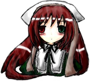 Rating: Safe Score: 0 Tags: 1girl bangs blush dress green_eyes head_scarf image looking_at_viewer red_eyes simple_background solo suiseiseki upper_body white_background User: admin