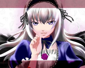 Rating: Safe Score: 0 Tags: 1girl black_ribbon dress flower hairband image long_hair long_sleeves looking_at_viewer ribbon rose silver_hair solo suigintou upper_body wings User: admin