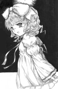 Rating: Safe Score: 0 Tags: 1girl blush bow dress greyscale hinaichigo image looking_at_viewer looking_back monochrome short_hair solo traditional_media wings User: admin