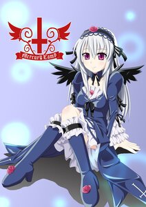 Rating: Safe Score: 3 Tags: 1girl black_wings blush boots breasts detached_collar dress flower frills hairband high_heels image knee_boots long_hair long_sleeves looking_at_viewer rose silver_hair sitting solo suigintou wings User: admin