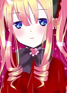 Rating: Safe Score: 0 Tags: 1girl black_ribbon blonde_hair blue_eyes blush bow closed_mouth drill_hair eyebrows_visible_through_hair image long_hair looking_at_viewer ringlets rose shinku smile solo twin_drills twintails User: admin