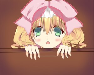 Rating: Safe Score: 0 Tags: 1girl :o auto_tagged blonde_hair blush bow green_eyes hair_bow hina_ichigo hinaichigo image in_box in_container looking_at_viewer open_mouth peeking_out pink_bow simple_background solo User: admin