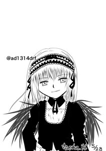 Rating: Safe Score: 0 Tags: 1girl closed_mouth dress greyscale hairband image lolita_hairband long_hair long_sleeves looking_at_viewer monochrome simple_background smile solo striped suigintou upper_body white_background wings User: admin