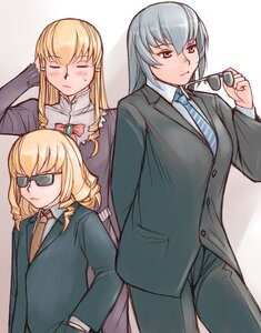 Rating: Safe Score: 0 Tags: 3girls blonde_hair closed_eyes drill_hair eyepatch formal image long_hair multiple multiple_girls necktie shinku striped suigintou suit sunglasses tagme User: admin