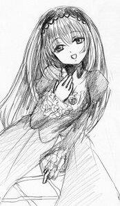 Rating: Safe Score: 0 Tags: 1girl dress flower frills greyscale hairband hand_on_own_chest image long_hair long_sleeves looking_at_viewer monochrome open_mouth rose simple_background smile solo suigintou traditional_media very_long_hair User: admin