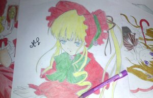 Rating: Safe Score: 0 Tags: 1girl blonde_hair bonnet bow bowtie dress green_bow image long_hair long_sleeves looking_at_viewer marker_(medium) photo red_dress shinku solo traditional_media twintails User: admin