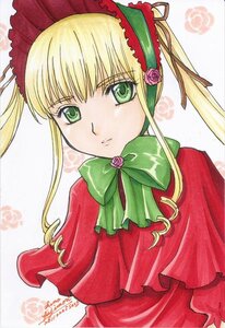Rating: Safe Score: 0 Tags: 1girl blonde_hair bonnet bow bowtie capelet dress flower green_bow green_neckwear hair_ribbon image long_hair looking_at_viewer marker_(medium) ribbon rose shinku sidelocks simple_background solo traditional_media twintails upper_body white_background User: admin
