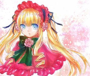 Rating: Safe Score: 0 Tags: 1girl blonde_hair blue_eyes bow bowtie capelet drill_hair flower green_bow image long_hair looking_at_viewer pink_background pink_flower pink_rose red_capelet ribbon rose shinku solo traditional_media twintails User: admin