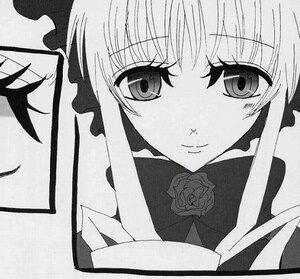 Rating: Safe Score: 0 Tags: 1girl closed_mouth eyebrows_visible_through_hair flower greyscale image looking_at_viewer monochrome rose shinku sidelocks simple_background solo User: admin