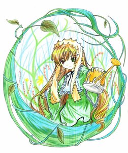 Rating: Safe Score: 0 Tags: 1girl bangs blonde_hair dress flower frills green_dress green_eyes holding image leaf long_hair long_sleeves looking_at_viewer plant ribbon solo suiseiseki traditional_media very_long_hair watering_can User: admin