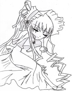 Rating: Safe Score: 0 Tags: 1girl bonnet closed_eyes dress image long_hair long_sleeves monochrome shinku sidelocks simple_background solo suigintou very_long_hair white_background User: admin