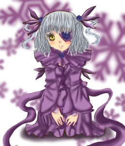 Rating: Safe Score: 0 Tags: 1girl barasuishou blurry blurry_background blurry_foreground blush depth_of_field dress eyepatch flower hair_ribbon image long_sleeves looking_at_viewer purple_dress ribbon silver_hair sitting solo yellow_eyes User: admin