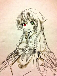 Rating: Safe Score: 0 Tags: 1girl auto_tagged closed_mouth dress frills green_eyes heterochromia image long_hair long_sleeves looking_at_viewer monochrome red_eyes ribbon solo suiseiseki traditional_media very_long_hair User: admin