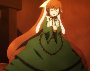 Rating: Safe Score: 0 Tags: 1girl brown_hair closed_eyes dress frills green_dress image long_hair long_sleeves open_mouth ribbon smile solo suiseiseki very_long_hair User: admin