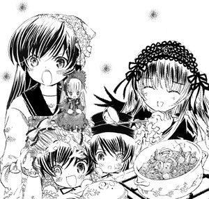 Rating: Safe Score: 0 Tags: 6+girls blush bonnet dress eating food greyscale hairband head_scarf hina_ichigo image lolita_hairband long_hair long_sleeves monochrome multiple multiple_girls open_mouth shinku siblings smile suigintou suiseiseki tagme User: admin