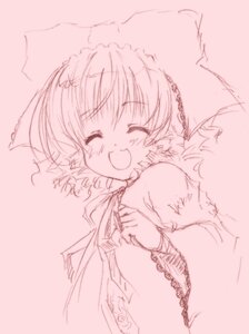 Rating: Safe Score: 0 Tags: 1girl :d ^_^ blush closed_eyes dress hinaichigo image long_sleeves monochrome open_mouth pink_background pink_theme short_hair simple_background sketch smile solo upper_body User: admin