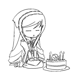 Rating: Safe Score: 0 Tags: 1girl blush cake candle closed_eyes dress food greyscale image long_hair long_sleeves monochrome simple_background solo suiseiseki table very_long_hair white_background User: admin