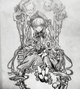 Rating: Safe Score: 0 Tags: 1girl bonnet dress frills full_body image long_hair long_sleeves looking_at_viewer monochrome shinku sitting solo traditional_media twintails very_long_hair User: admin