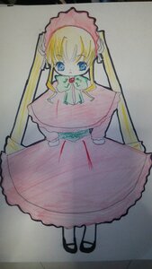 Rating: Safe Score: 0 Tags: 1girl blonde_hair blue_eyes bow bowtie dress full_body image long_hair long_sleeves looking_at_viewer photo shinku shoes simple_background solo standing traditional_media white_legwear User: admin