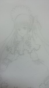 Rating: Safe Score: 0 Tags: 1girl bow dress frills image long_hair long_sleeves looking_at_viewer monochrome shinku simple_background sketch solo traditional_media very_long_hair User: admin