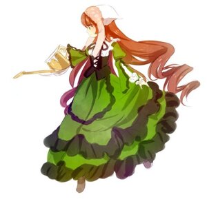 Rating: Safe Score: 0 Tags: 1girl brown_hair dress full_body green_dress green_eyes head_scarf image long_hair long_sleeves simple_background solo striped suiseiseki vertical_stripes very_long_hair white_background User: admin