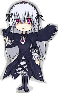 Rating: Safe Score: 0 Tags: 1girl black_wings dress feathers flower frills full_body gothic_lolita hairband image lolita_fashion long_hair long_sleeves looking_at_viewer pink_eyes silver_hair solo standing suigintou white_background wings User: admin