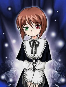 Rating: Safe Score: 0 Tags: 1girl brown_hair cowboy_shot dress frills green_eyes heterochromia image long_sleeves looking_at_viewer red_eyes ribbon short_hair solo souseiseki standing suiseiseki User: admin