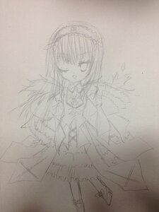 Rating: Safe Score: 0 Tags: 1girl akemi_homura bow full_body greyscale hairband image long_hair looking_at_viewer monochrome one_eye_closed open_mouth photo simple_background sketch solo standing suigintou traditional_media User: admin