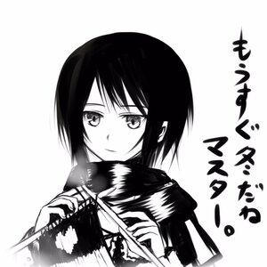Rating: Safe Score: 0 Tags: 1girl bangs closed_mouth greyscale image long_sleeves looking_at_viewer monochrome scarf short_hair solo souseiseki striped upper_body white_background User: admin