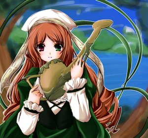 Rating: Safe Score: 0 Tags: 1girl brown_hair dress frills green_dress green_eyes hat heterochromia image long_hair long_sleeves looking_at_viewer outdoors plant red_eyes solo suiseiseki very_long_hair watering_can User: admin