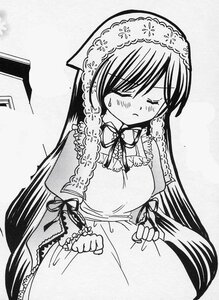 Rating: Safe Score: 0 Tags: 1girl apron blush closed_eyes closed_mouth dress eyebrows_visible_through_hair facing_viewer frills greyscale image long_hair long_sleeves monochrome neck_ribbon puffy_sleeves ribbon solo suiseiseki very_long_hair User: admin