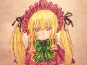 Rating: Safe Score: 0 Tags: 1girl blonde_hair blue_eyes bonnet bow bowtie drill_hair flower green_bow green_neckwear image long_hair looking_at_viewer pink_background portrait rose shinku simple_background smile solo traditional_media twintails User: admin