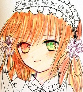 Rating: Safe Score: 0 Tags: 1girl braid eyebrows_visible_through_hair face flower green_eyes hair_flower hair_ornament hat image looking_at_viewer marker_(medium) portrait ribbon solo suiseiseki traditional_media twin_braids User: admin