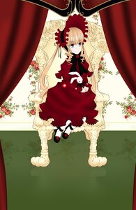 Rating: Safe Score: 0 Tags: 1girl blonde_hair blue_eyes bonnet bow curtains dress flower image long_hair red_dress red_flower red_rose rose shinku sitting solo User: admin