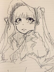 Rating: Safe Score: 0 Tags: 1girl bangs blush closed_mouth dress eyebrows_visible_through_hair image long_hair looking_at_viewer monochrome ribbon shinku simple_background sketch solo traditional_media upper_body User: admin