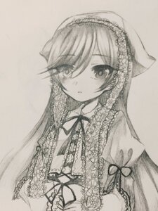 Rating: Safe Score: 0 Tags: 1girl bangs blush dress eyebrows_visible_through_hair frills greyscale image long_hair long_sleeves looking_at_viewer monochrome neck_ribbon ribbon simple_background solo suiseiseki traditional_media upper_body very_long_hair User: admin