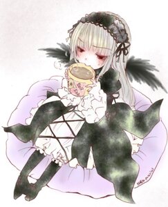 Rating: Safe Score: 0 Tags: 1girl black_wings dress flower frills full_body hairband holding image long_hair long_sleeves rose sitting solo suigintou wings User: admin