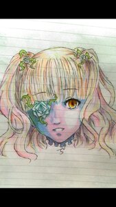 Rating: Safe Score: 0 Tags: 1girl bangs closed_mouth eyebrows_visible_through_hair flower hair_ornament image kirakishou letterboxed looking_at_viewer portrait solo traditional_media yellow_eyes User: admin