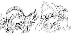 Rating: Safe Score: 0 Tags: 1girl bonnet bow eyebrows_visible_through_hair flower greyscale hairband image long_hair looking_at_viewer monochrome pair rose shinku simple_background suigintou white_background User: admin