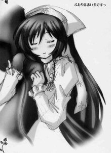 Rating: Safe Score: 0 Tags: 1girl blush closed_eyes dress flower greyscale hat image long_hair long_sleeves monochrome rose smile solo suiseiseki User: admin